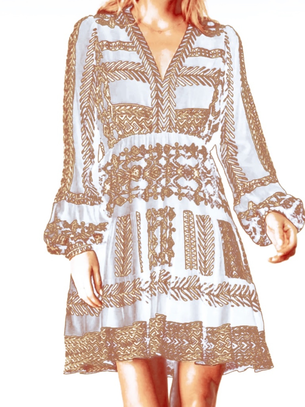 Hale Bob Lucia Dress White with Gold Embroidered details Long Sleeve NWT